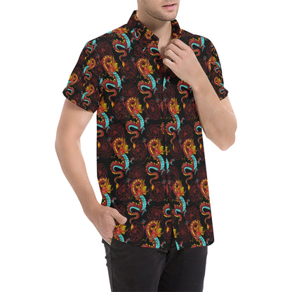 Chinese Dragons and Peonies Design Men's Short Sleeve Button Up Shirt