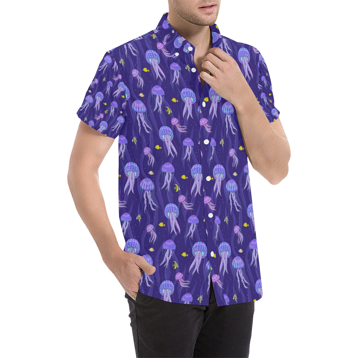 Jellyfish Style Print Men's Short Sleeve Button Up Shirt