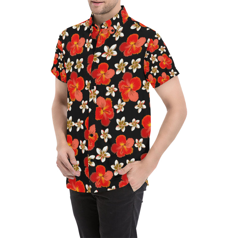 Red Hibiscus Pattern Print Design HB022 Men's Short Sleeve Button Up Shirt