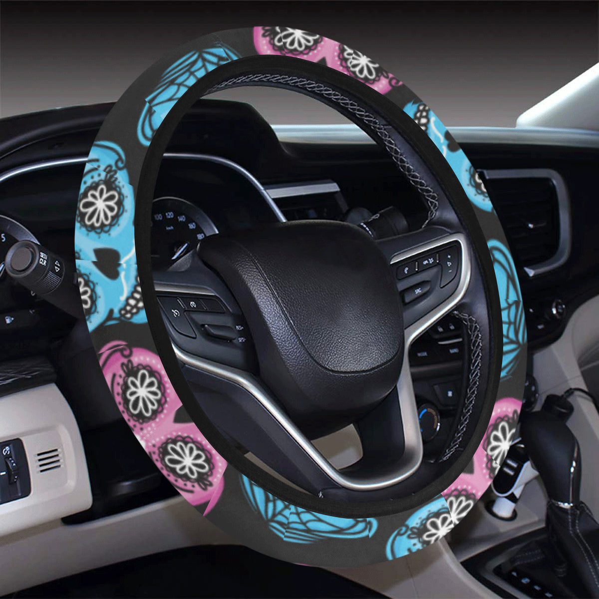 Day of the Dead Skull Print Pattern Steering Wheel Cover with Elastic Edge