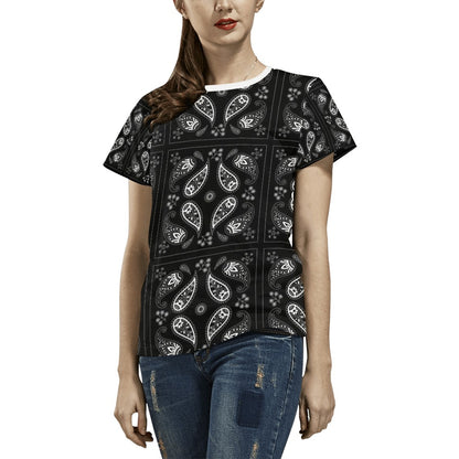 Bandana Paisley Black Print Design LKS308 Women's  T-shirt