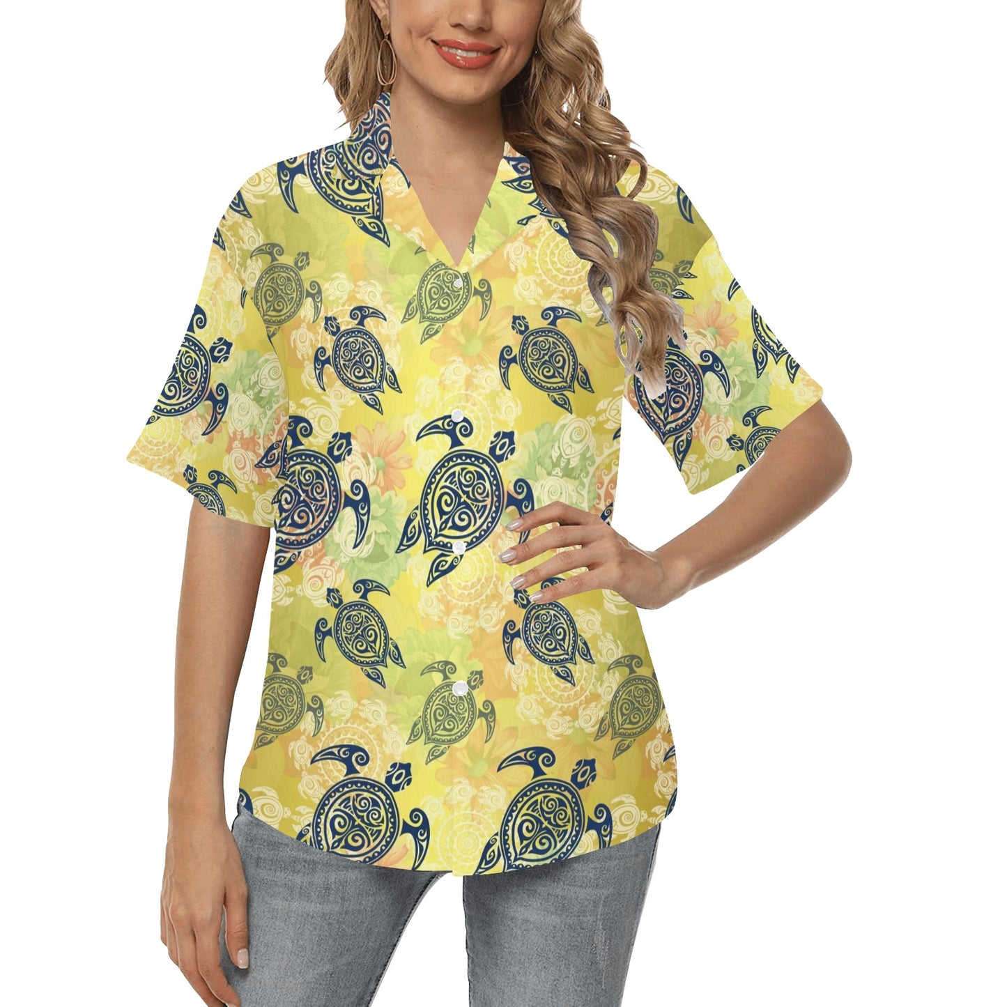 Hawaiian Turtle Tribal Design Print Women's Hawaiian Shirt