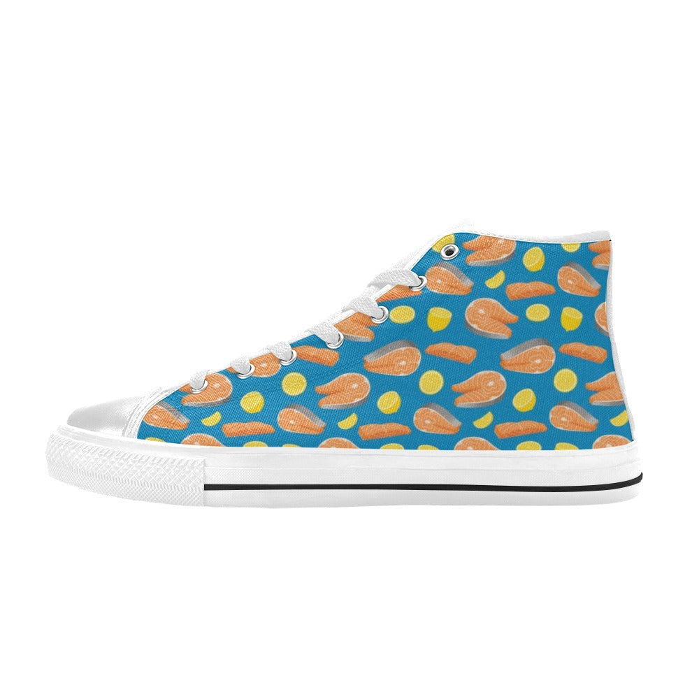 Salmon Steak With Lemon Print Design LKS308 High Top Women's White Shoes