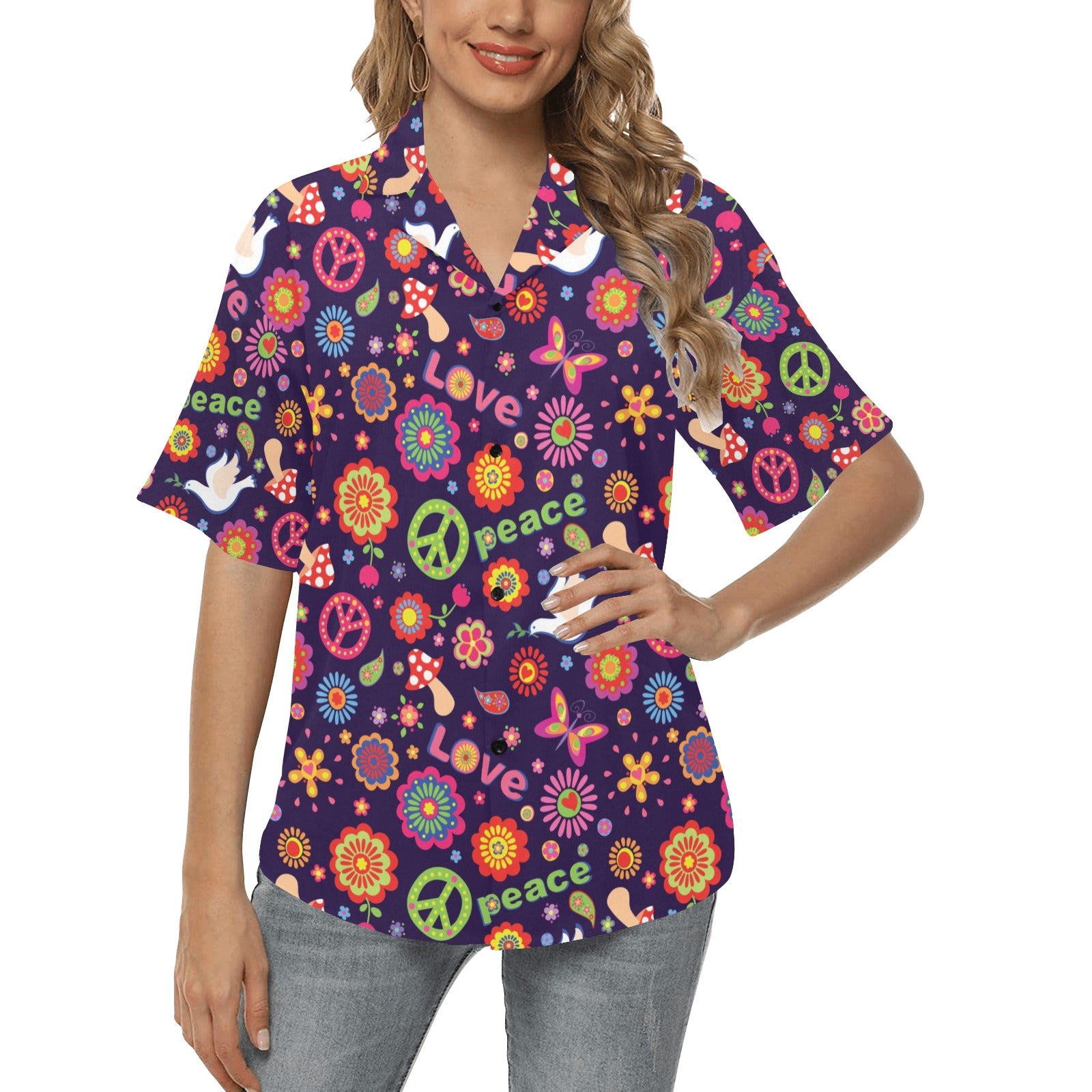 Flower Power Peace Design Print Women's Hawaiian Shirt