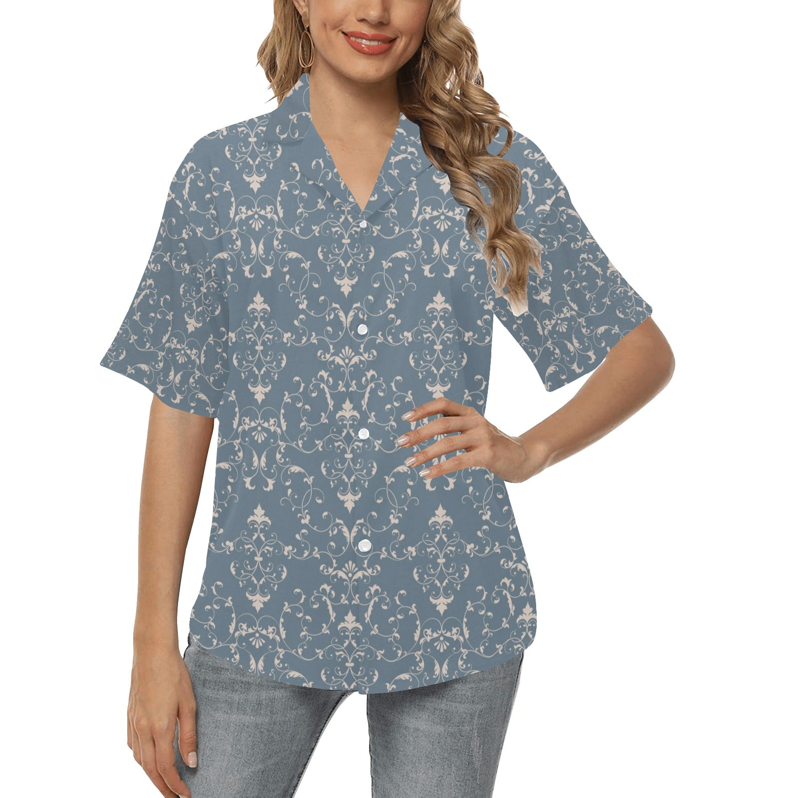 Damask Elegant Teal Print Pattern Women's Hawaiian Shirt