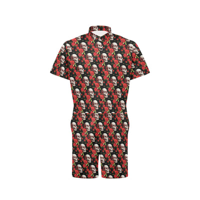 Red Rose Skull Design Print Men's Romper