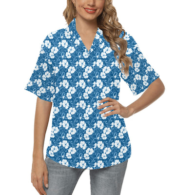 Hibiscus Blue Flower Hawaiian Print Women's Hawaiian Shirt