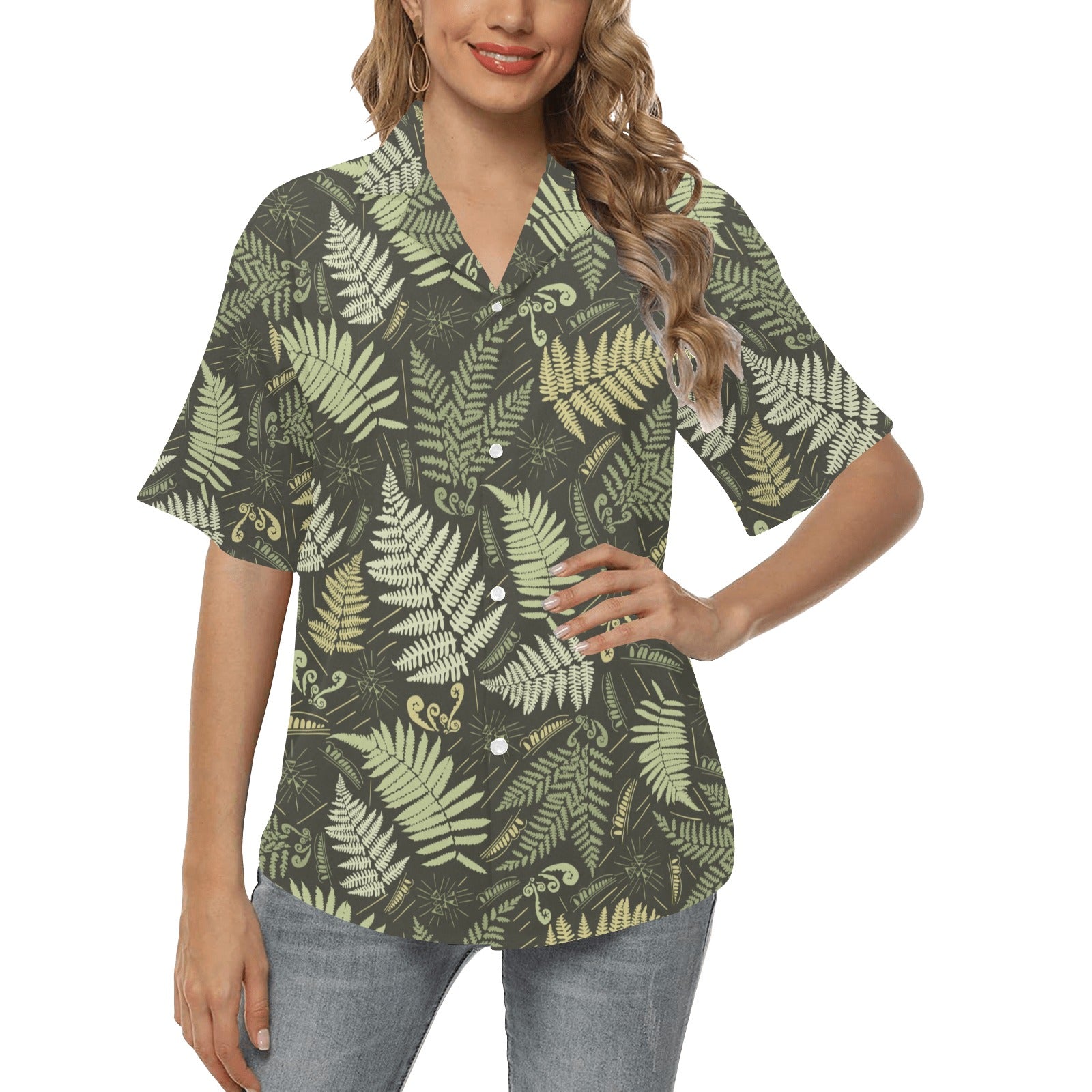 Fern Leave Green Print Pattern Women's Hawaiian Shirt