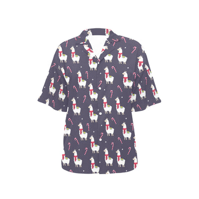 Llama with Candy Cane Themed Print Women's Hawaiian Shirt