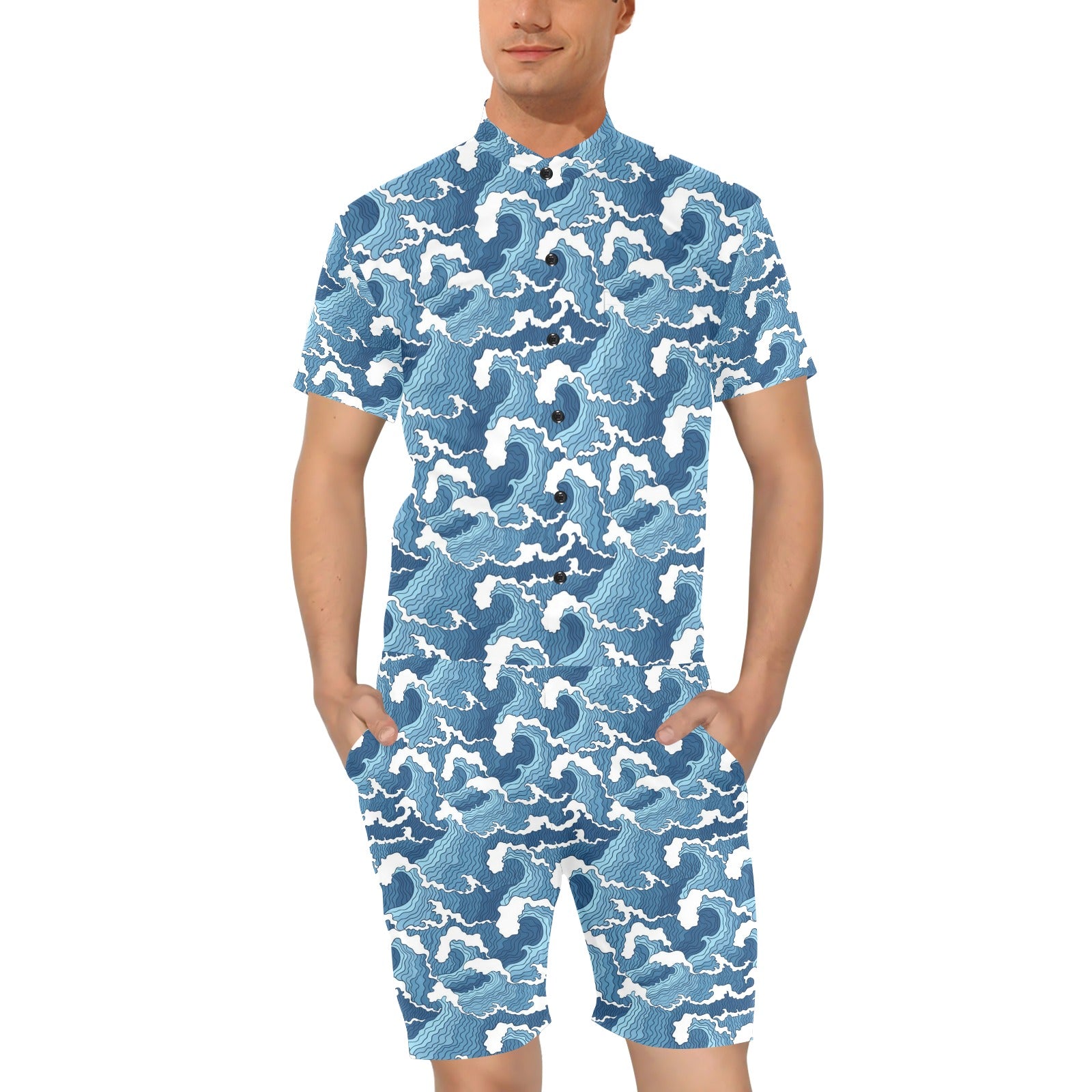 Wave Themed Pattern Print Men's Romper