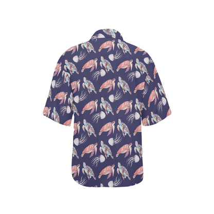 Sea Turtle With Jelly Fish Print Design LKS301 Women's Hawaiian Shirt