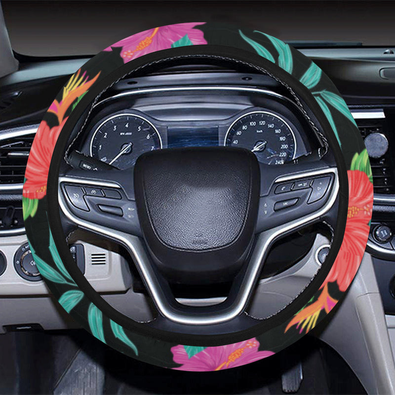 Hibiscus Red Hawaiian Flower Steering Wheel Cover with Elastic Edge