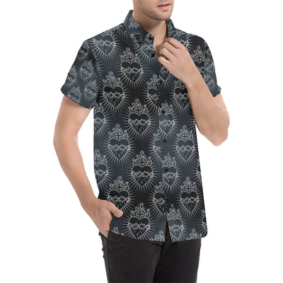 Christian Heart Tattoo Style Men's Short Sleeve Button Up Shirt