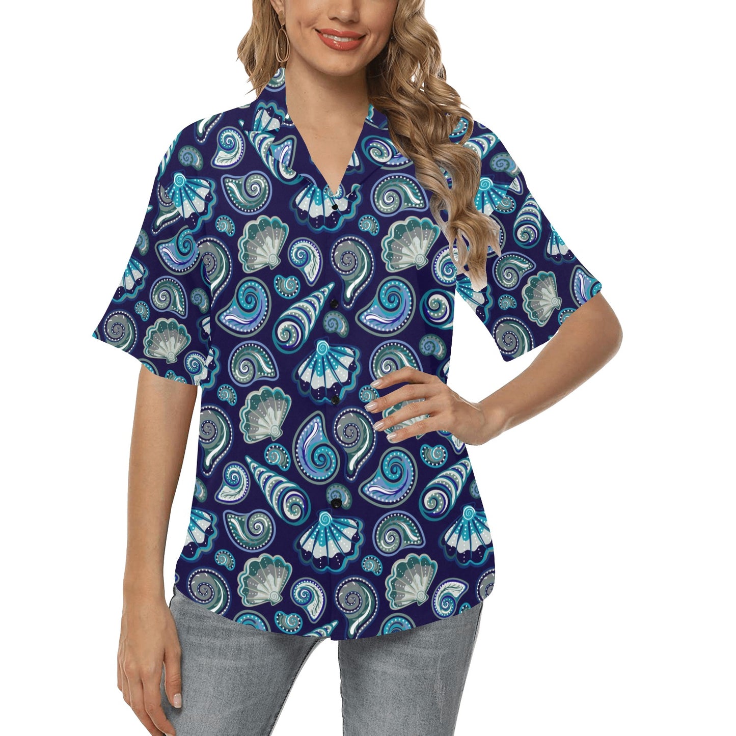 Beach Seashell Blue Print Women's Hawaiian Shirt