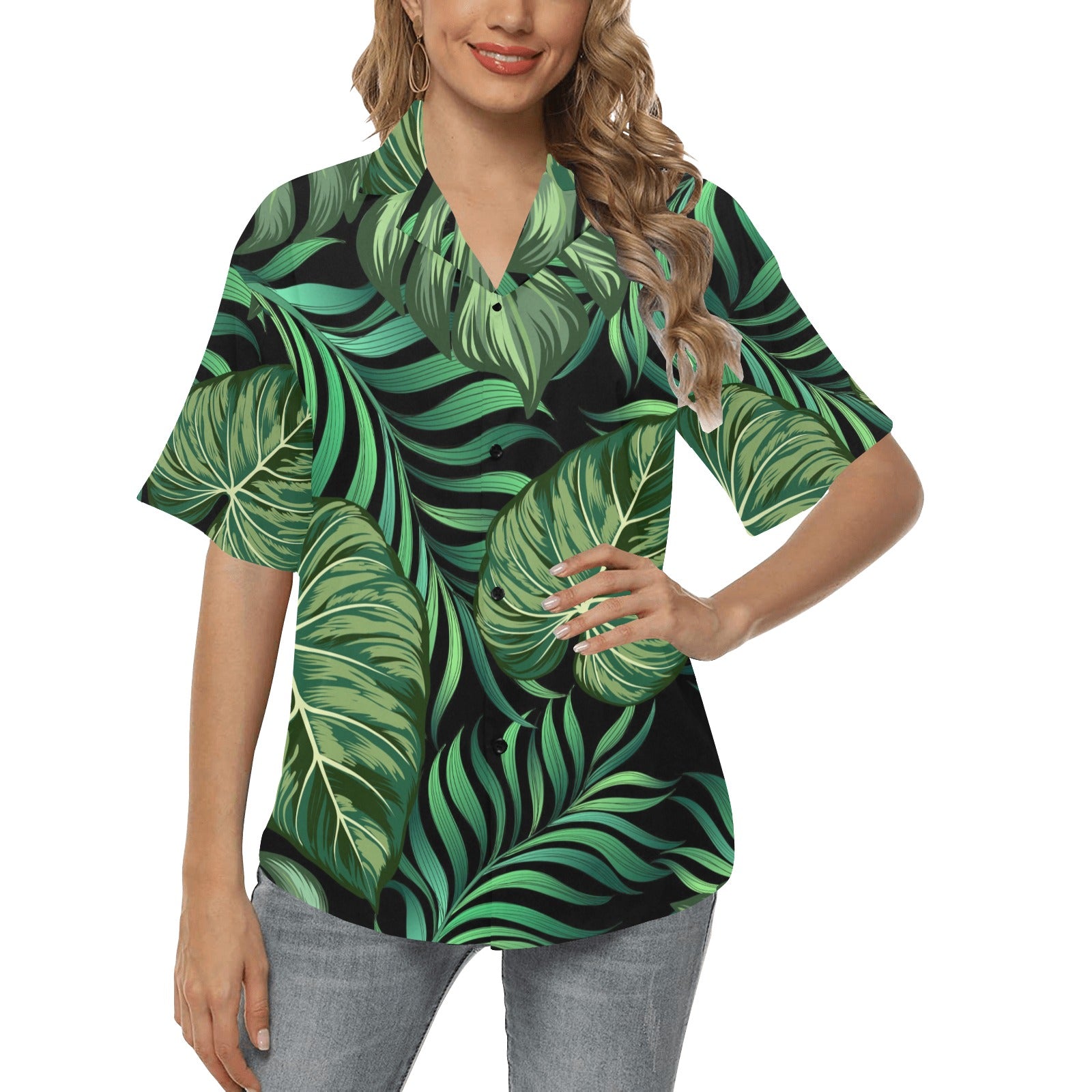 Green Fresh Tropical Palm Leaves Women's Hawaiian Shirt