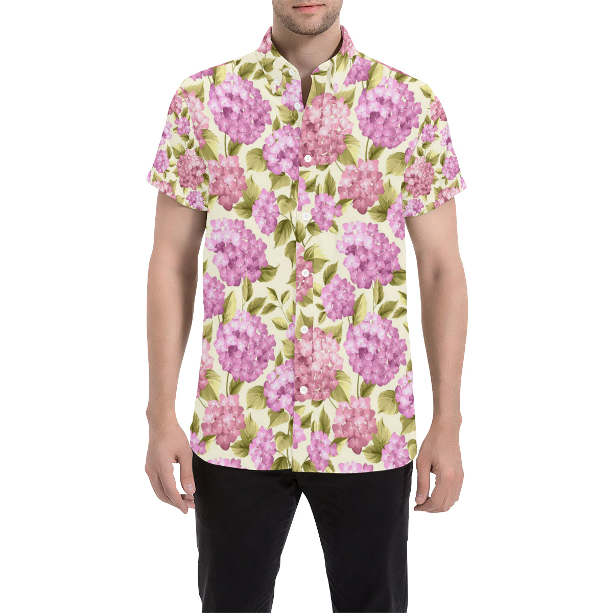 Hydrangea Pattern Print Design HD05 Men's Short Sleeve Button Up Shirt