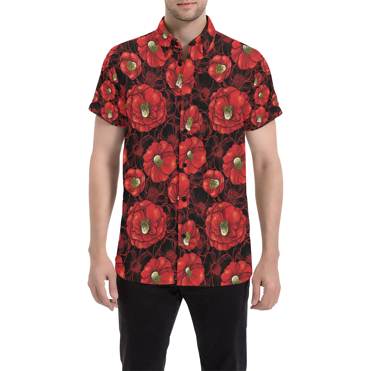 Camellia Pattern Print Design CM06 Men's Short Sleeve Button Up Shirt