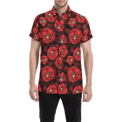 Camellia Pattern Print Design CM06 Men's Short Sleeve Button Up Shirt
