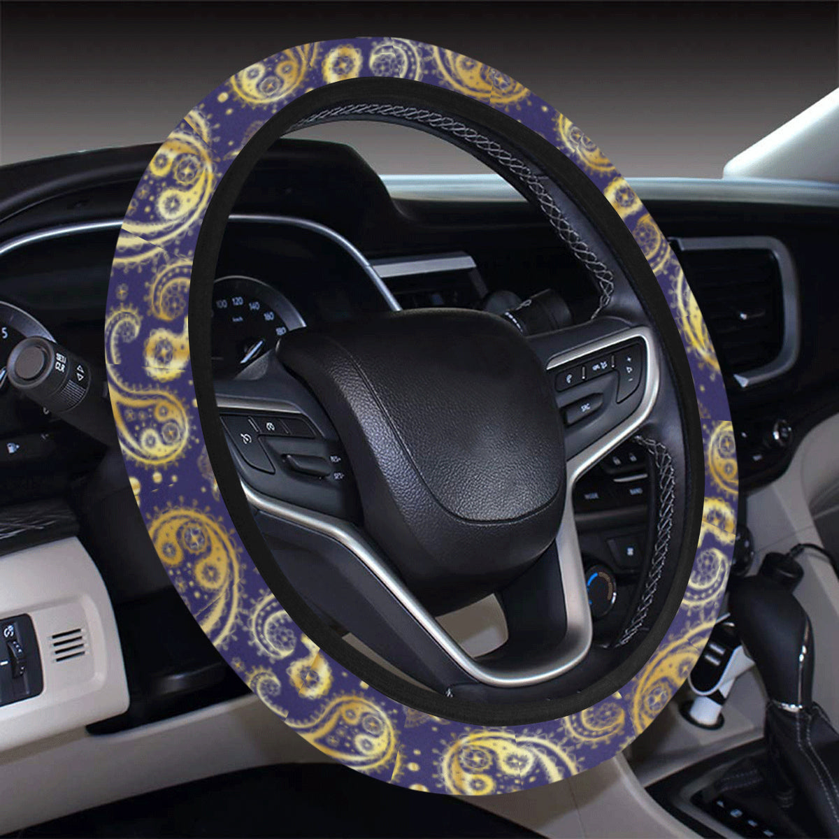 Paisley Blue Yellow Design Print Steering Wheel Cover with Elastic Edge