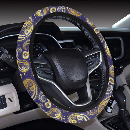 Paisley Blue Yellow Design Print Steering Wheel Cover with Elastic Edge