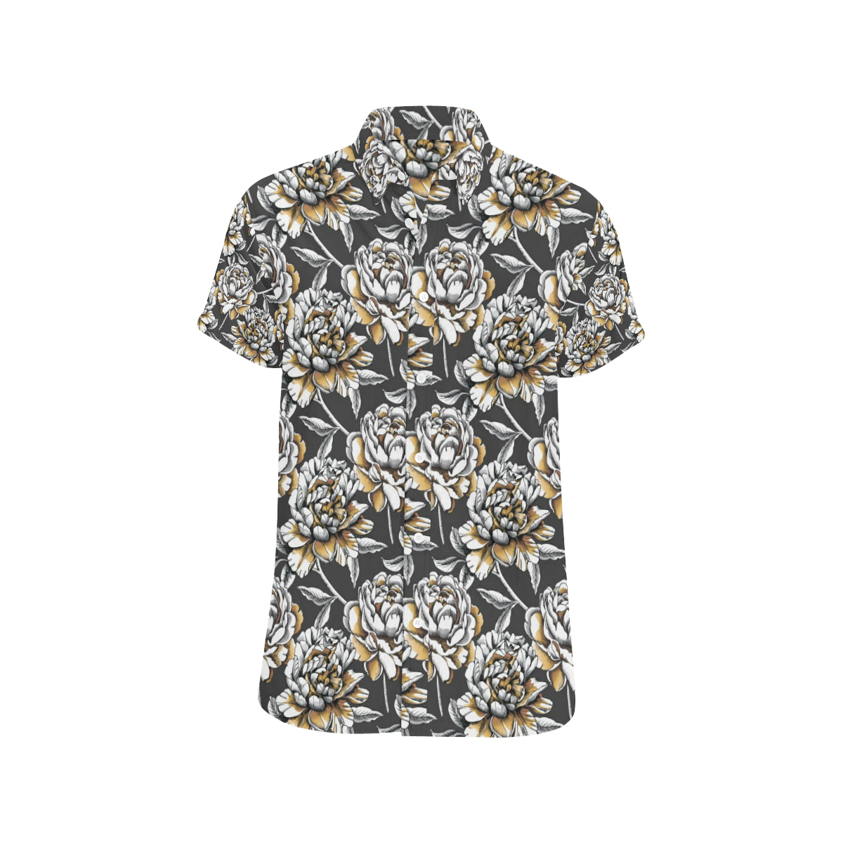 Peony Pattern Print Design PE06 Men's Short Sleeve Button Up Shirt