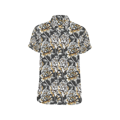 Peony Pattern Print Design PE06 Men's Short Sleeve Button Up Shirt
