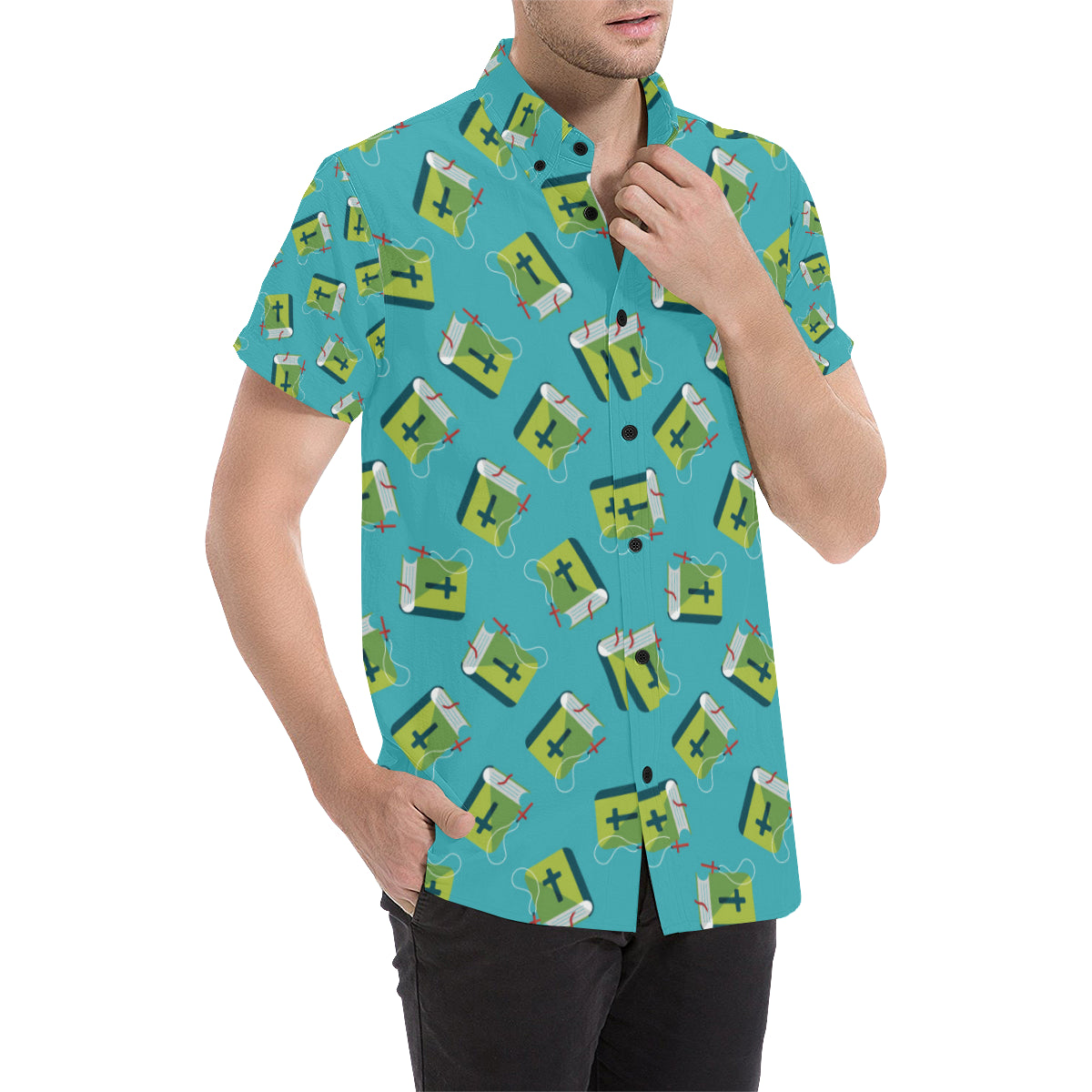 Bible Pattern Print Design 01 Men's Short Sleeve Button Up Shirt