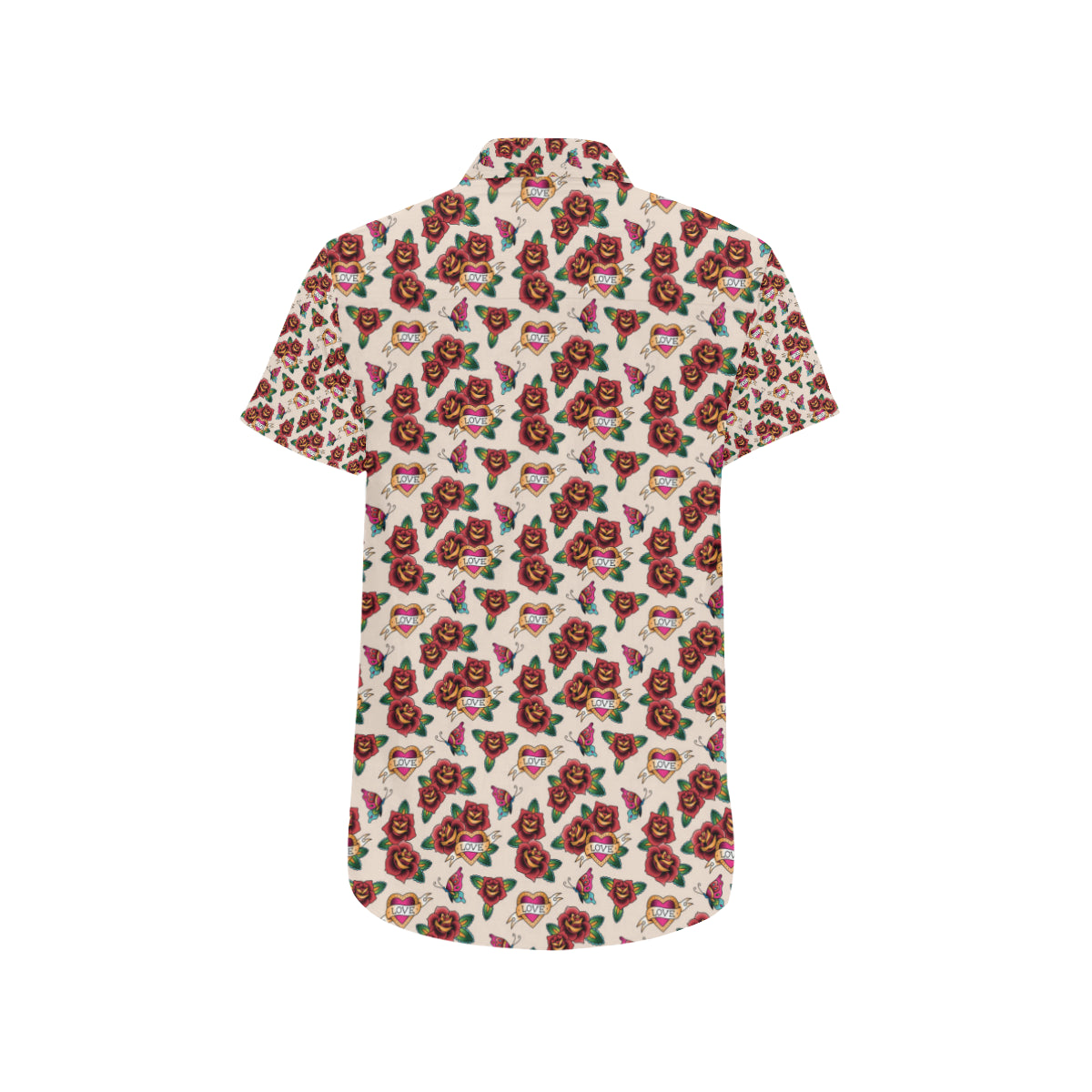 Old School Tattoo Rose Pattern Men's Short Sleeve Button Up Shirt