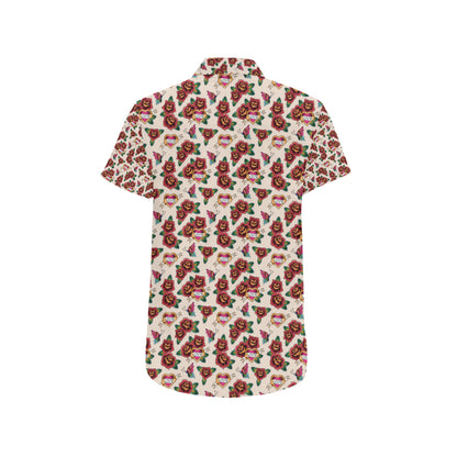 Old School Tattoo Rose Pattern Men's Short Sleeve Button Up Shirt