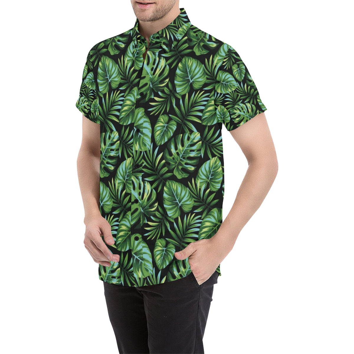 Palm Leaves Pattern Print Design PL013 Men's Short Sleeve Button Up Shirt