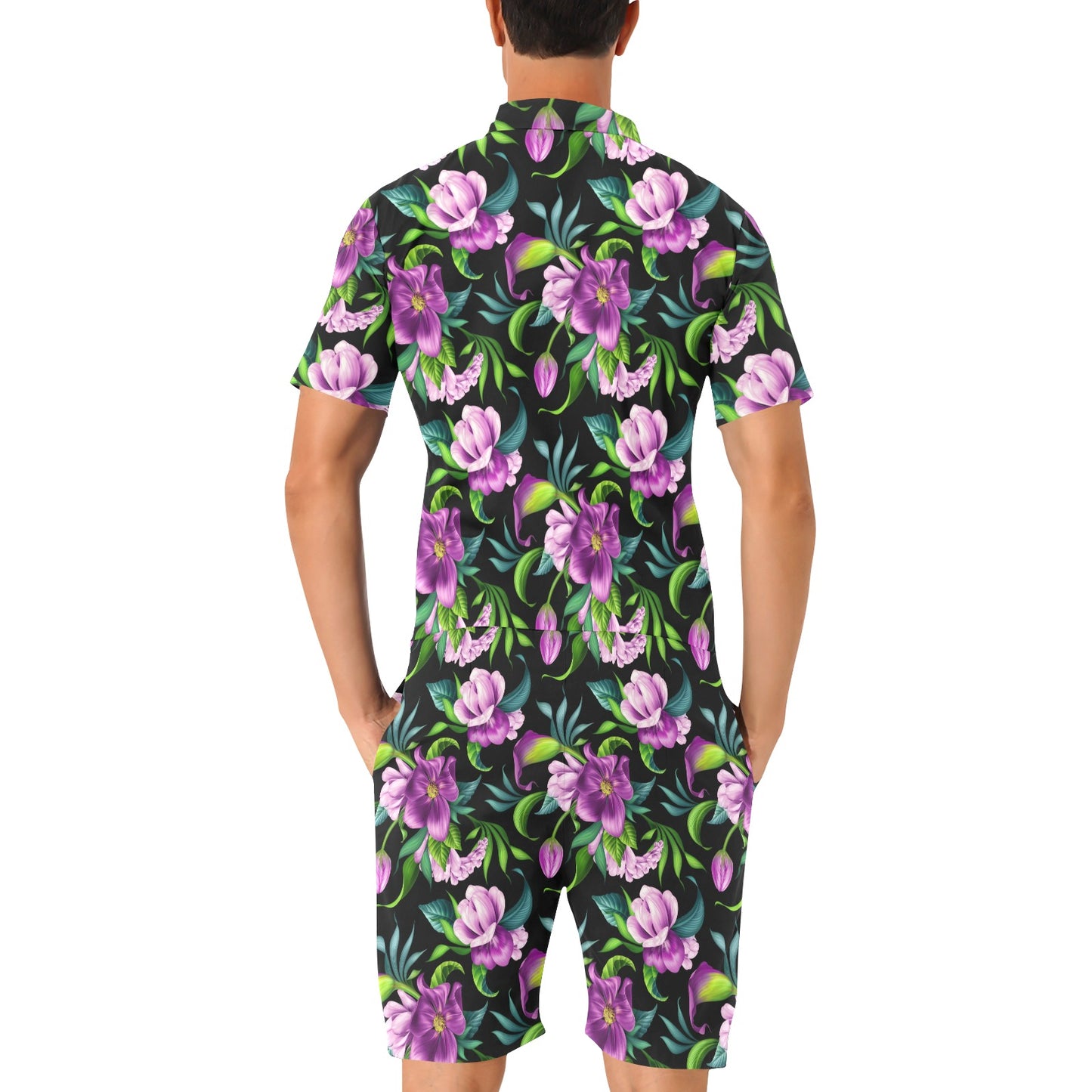 Bright Purple Floral Pattern Men's Romper