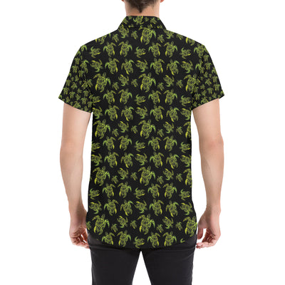 Green Tribal Turtle Polynesian Themed Men's Short Sleeve Button Up Shirt