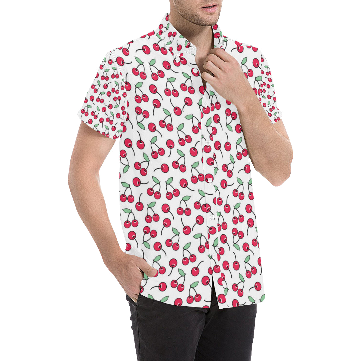 Cherry Pattern Print Design 03 Men's Short Sleeve Button Up Shirt