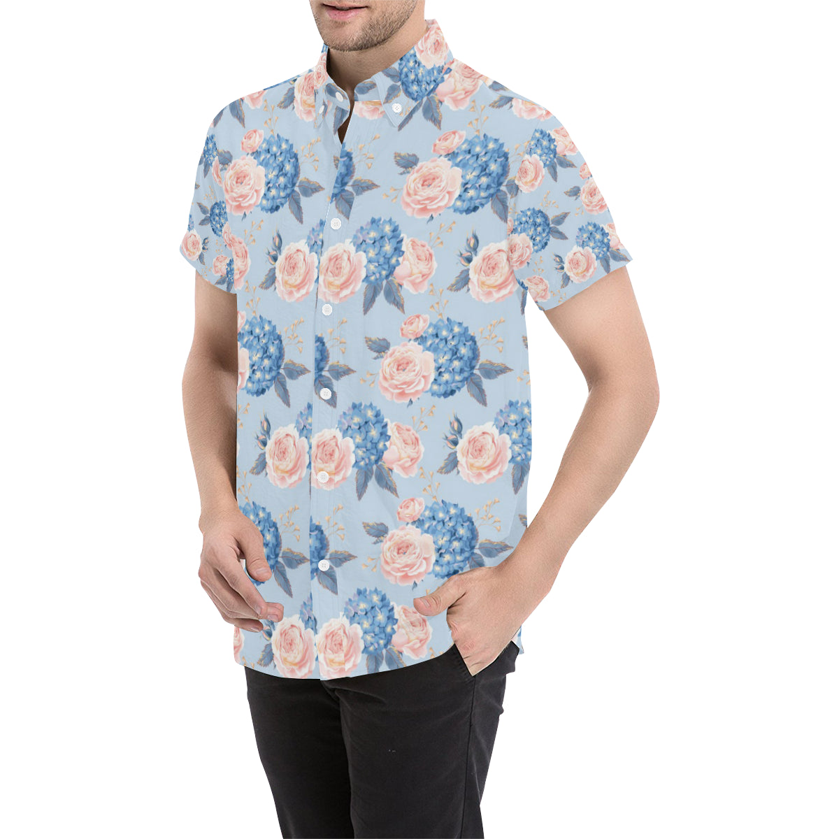 Hydrangea Pattern Print Design HD06 Men's Short Sleeve Button Up Shirt