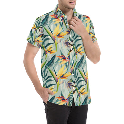 Tropical Flower Pattern Print Design TF022 Men's Short Sleeve Button Up Shirt