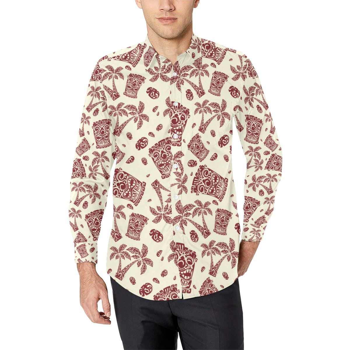 Tiki Tribal Mask Palm Tree Men's Long Sleeve Shirt