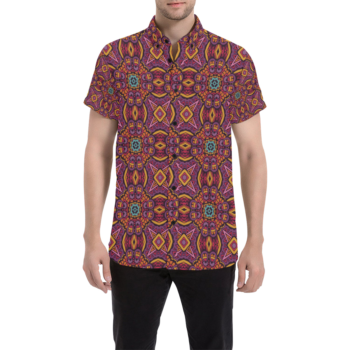 Bohemian Pattern Print Design 10 Men's Short Sleeve Button Up Shirt