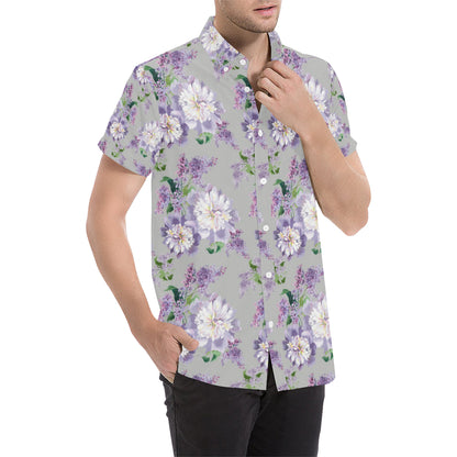 Lilac Pattern Print Design LI07 Men's Short Sleeve Button Up Shirt