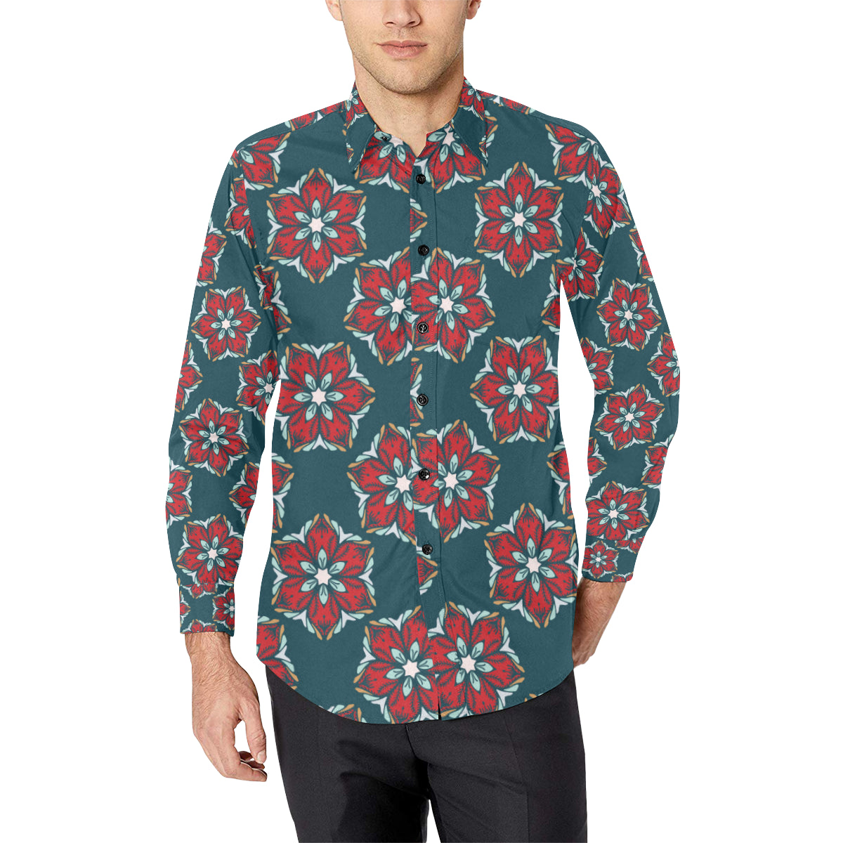Poinsettia Pattern Print Design A03 Men's Long Sleeve Shirt