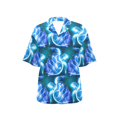 Blue Neon Sea Turtle Print Women's Hawaiian Shirt