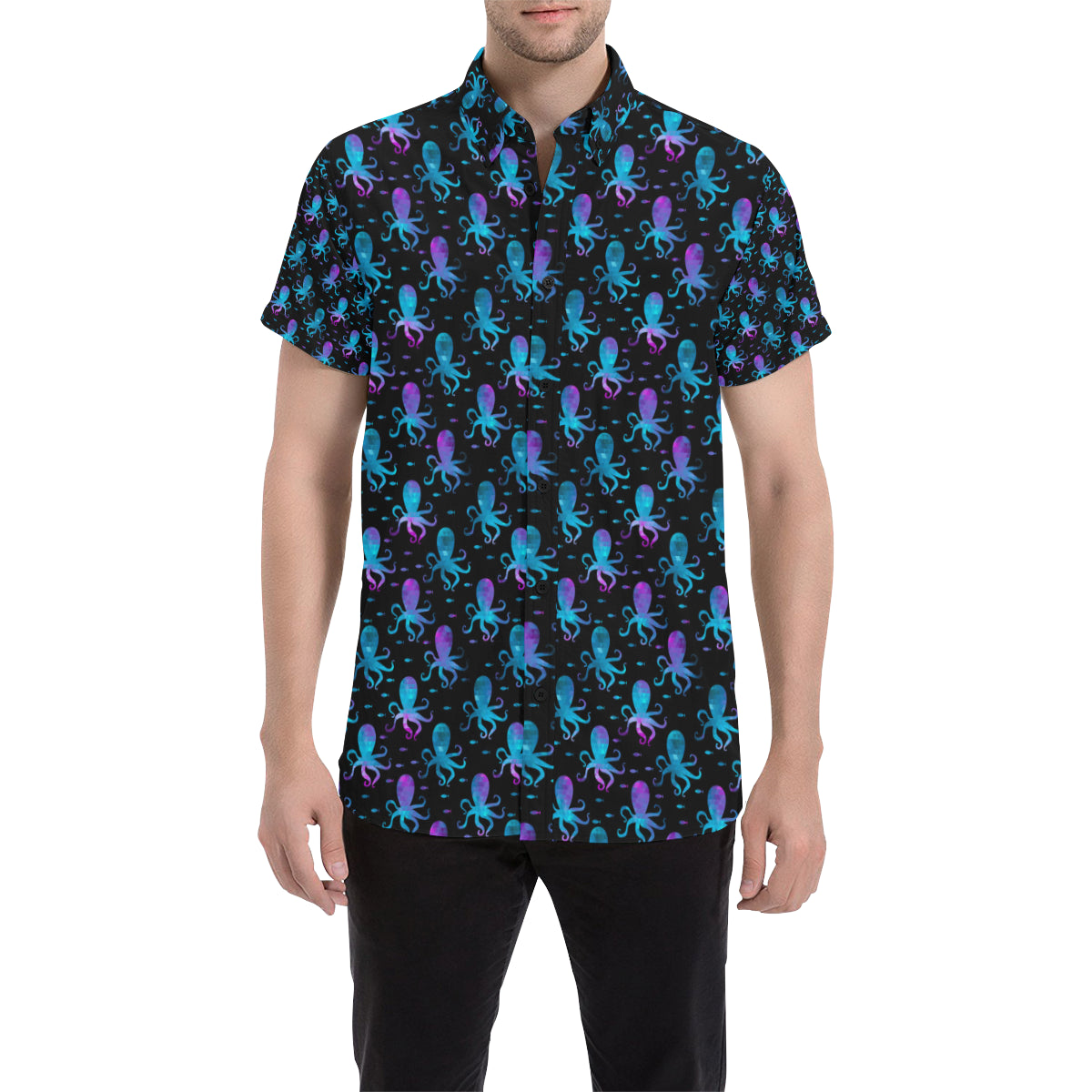 Octopus Blue Design Print Themed Men's Short Sleeve Button Up Shirt