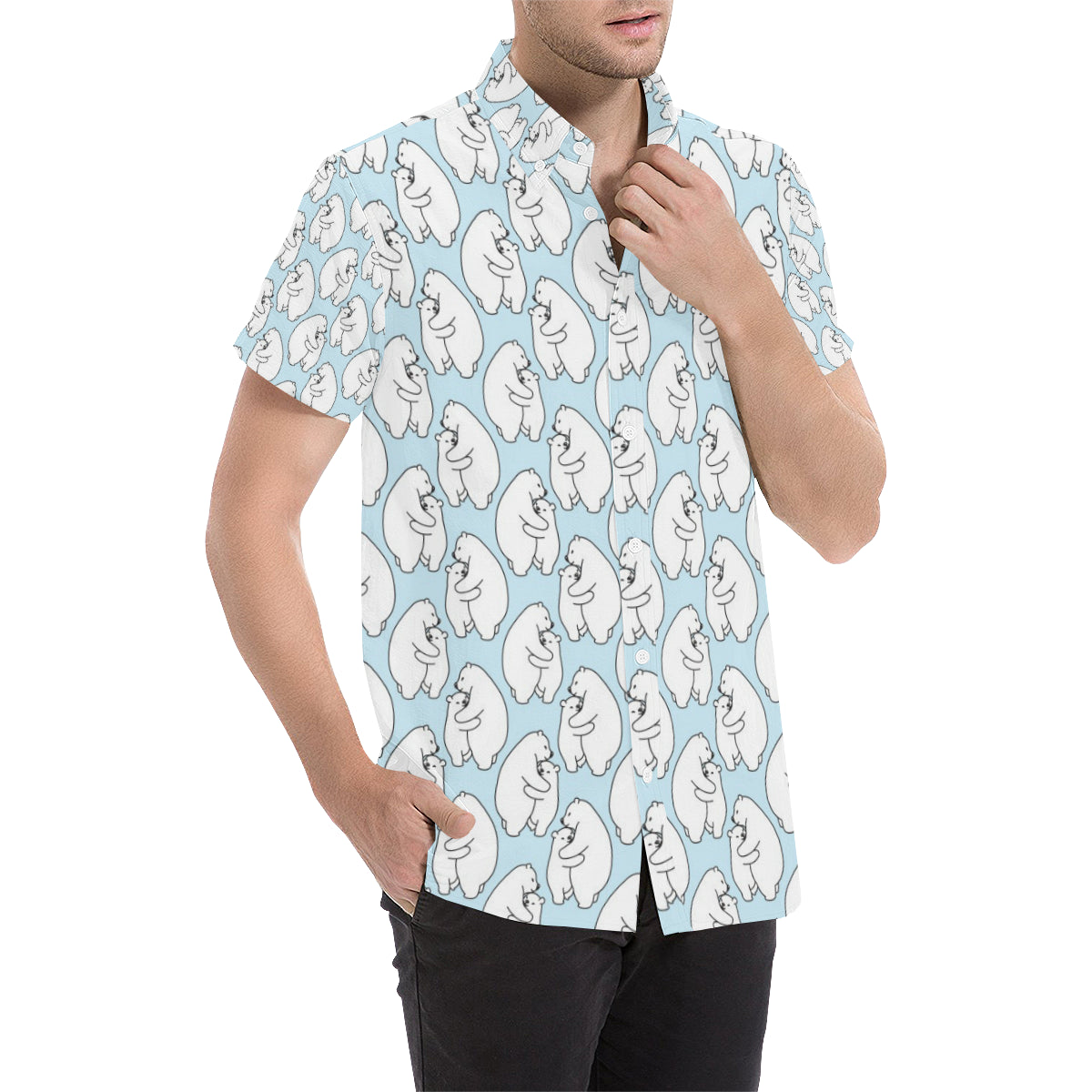 Polar Bear Pattern Print Design PB08 Men's Short Sleeve Button Up Shirt