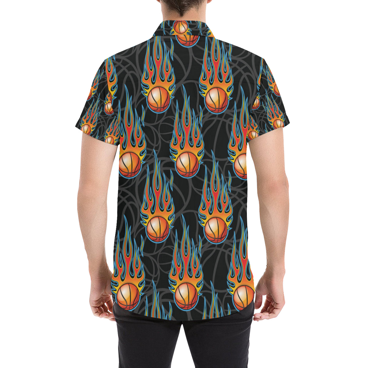 Basketball Fire Print Pattern Men's Short Sleeve Button Up Shirt