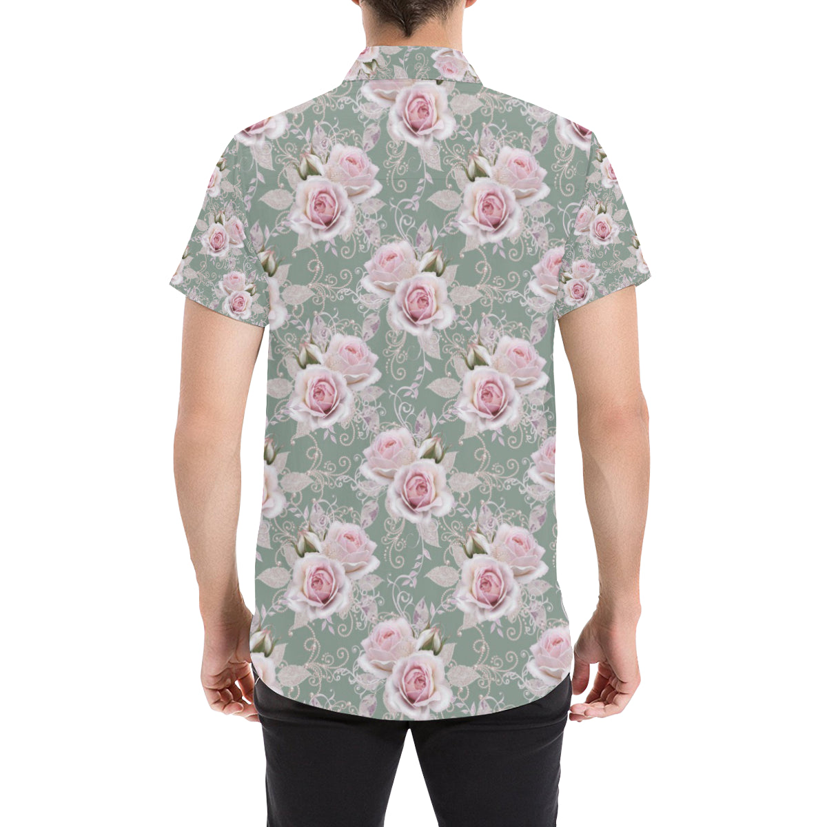 Rose White Pattern Print Design RO012 Men's Short Sleeve Button Up Shirt