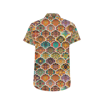 Mandala Mosaic Themed Design Print Men's Short Sleeve Button Up Shirt