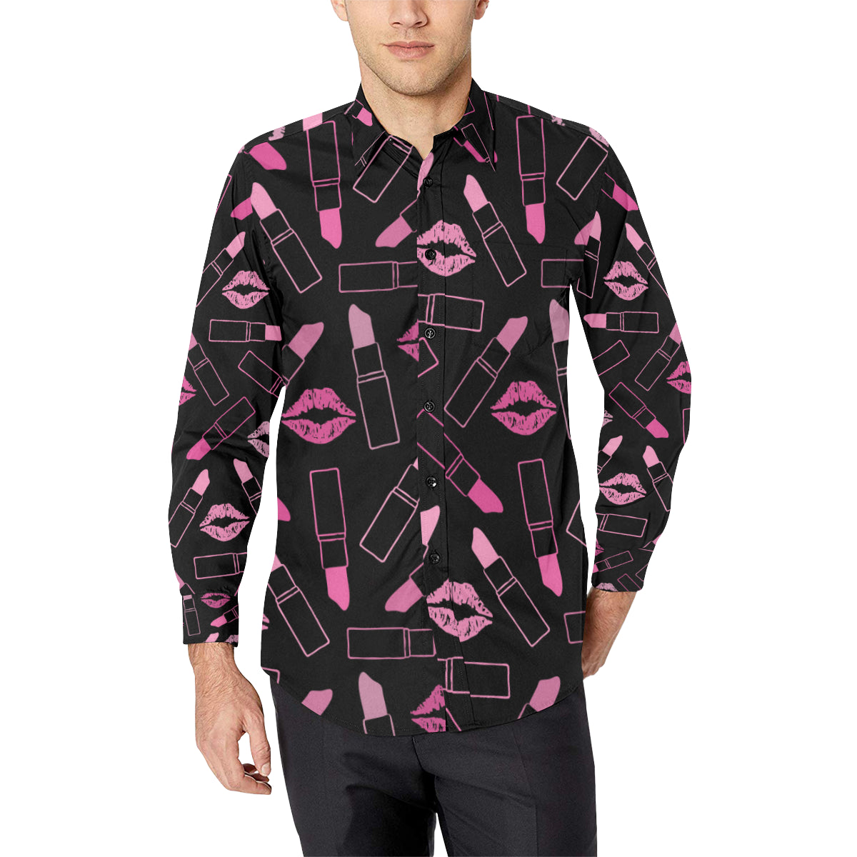 Lipstick Pink Pattern Print Design 01 Men's Long Sleeve Shirt