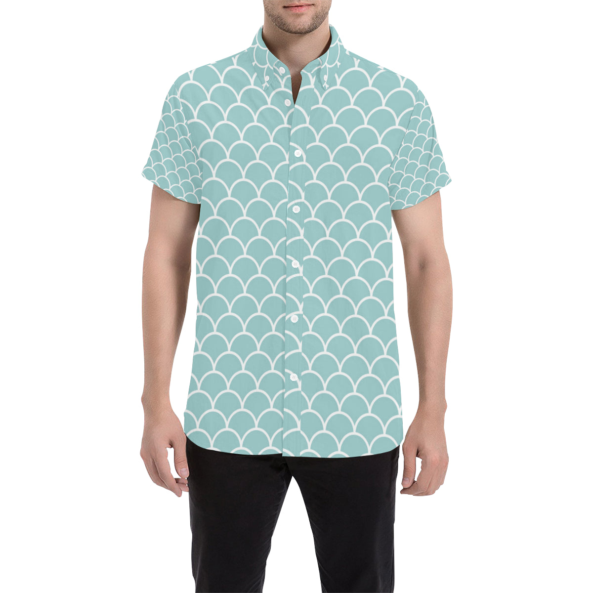 Scales Teal Pattern Print Design 02 Men's Short Sleeve Button Up Shirt