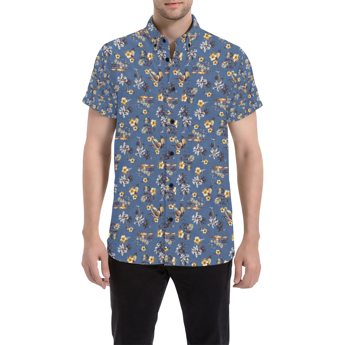 Hawaiian Flower Blue Print Men's Short Sleeve Button Up Shirt