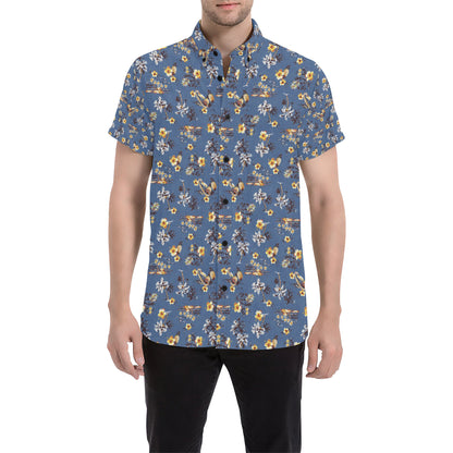 Hawaiian Flower Blue Print Men's Short Sleeve Button Up Shirt