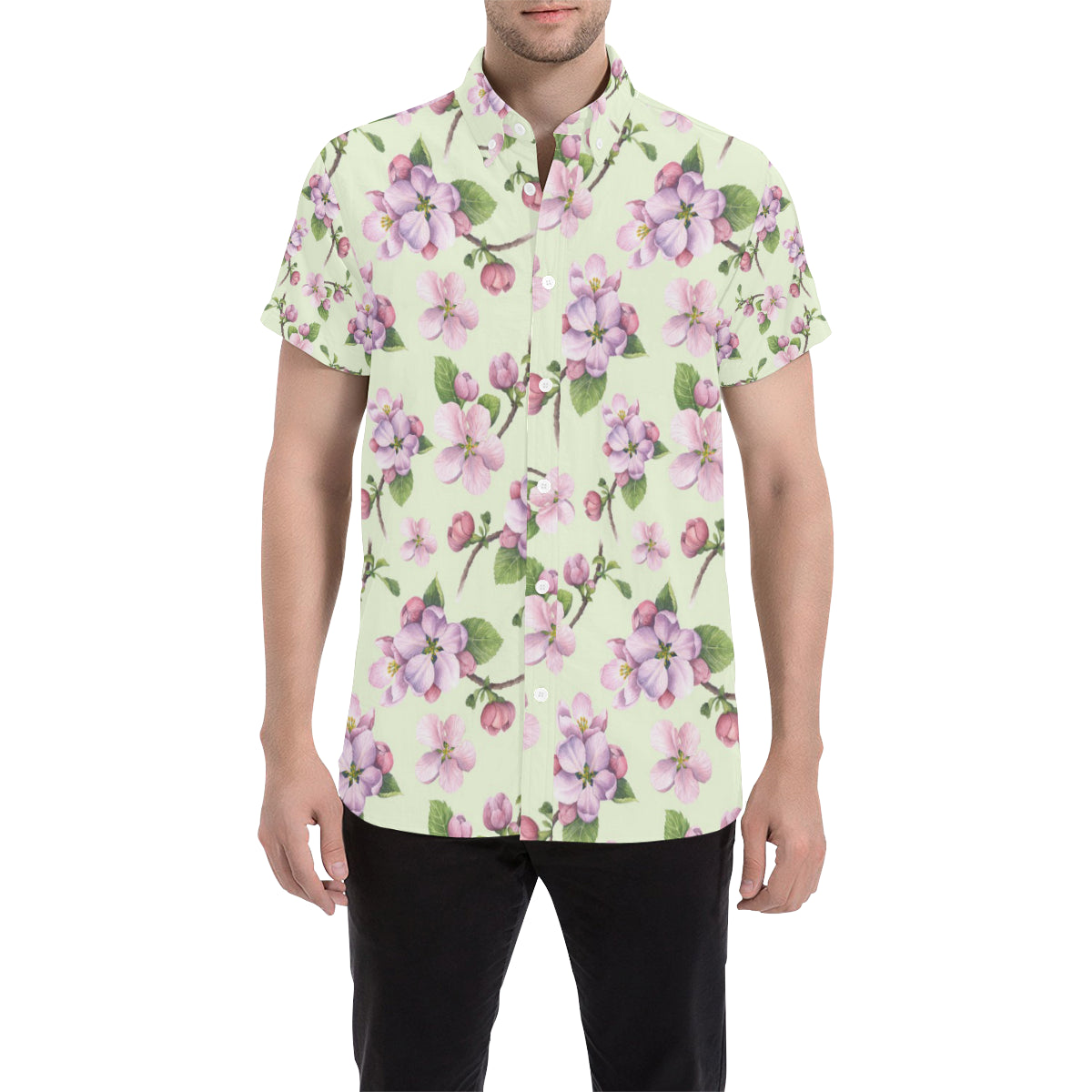 Apple blossom Pattern Print Design AB05 Men's Short Sleeve Button Up Shirt
